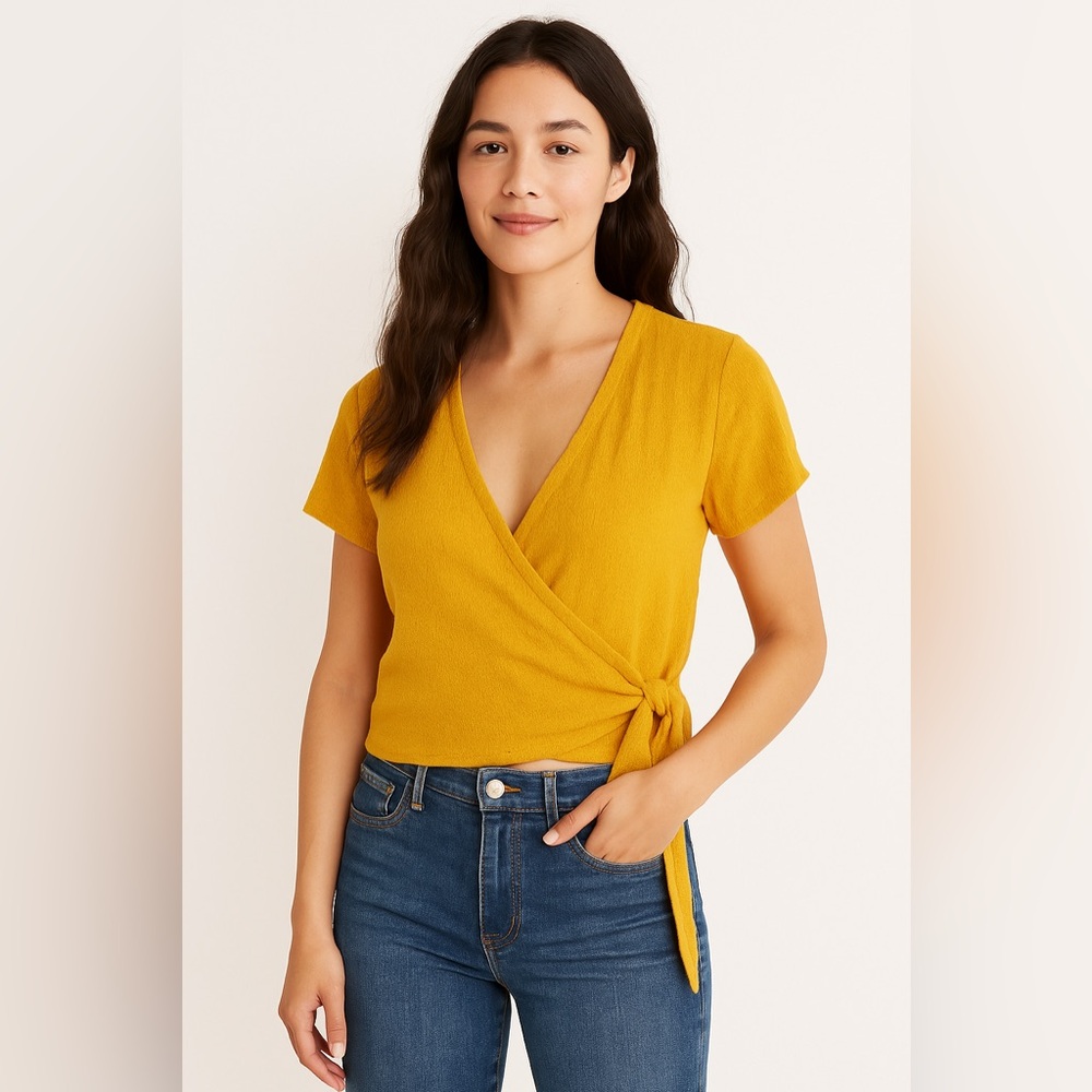 Madewell Texture & Thread Mustard Yellow Tie-Front Wrap Top, Size M